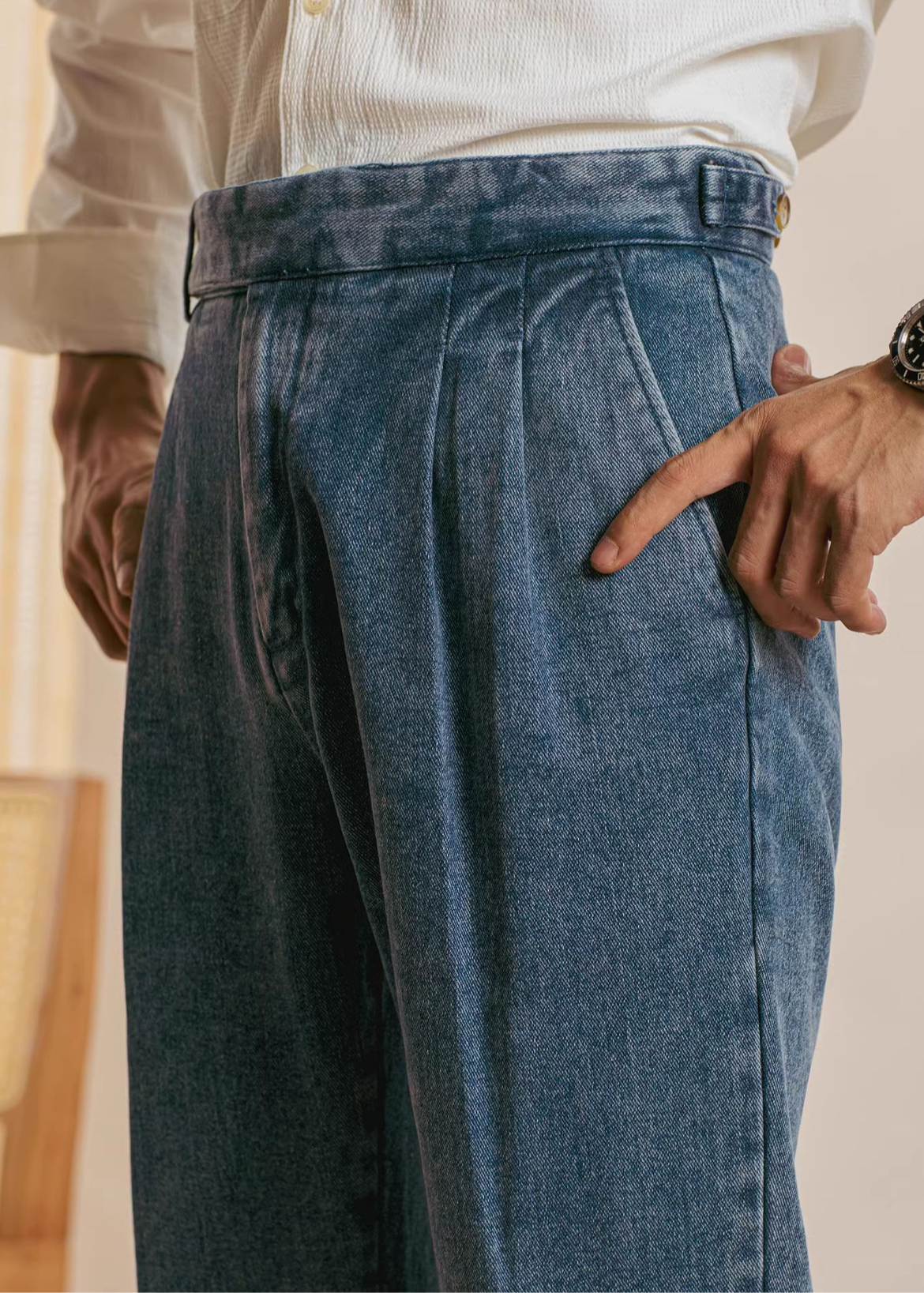 Double pleat washed straight Jeans