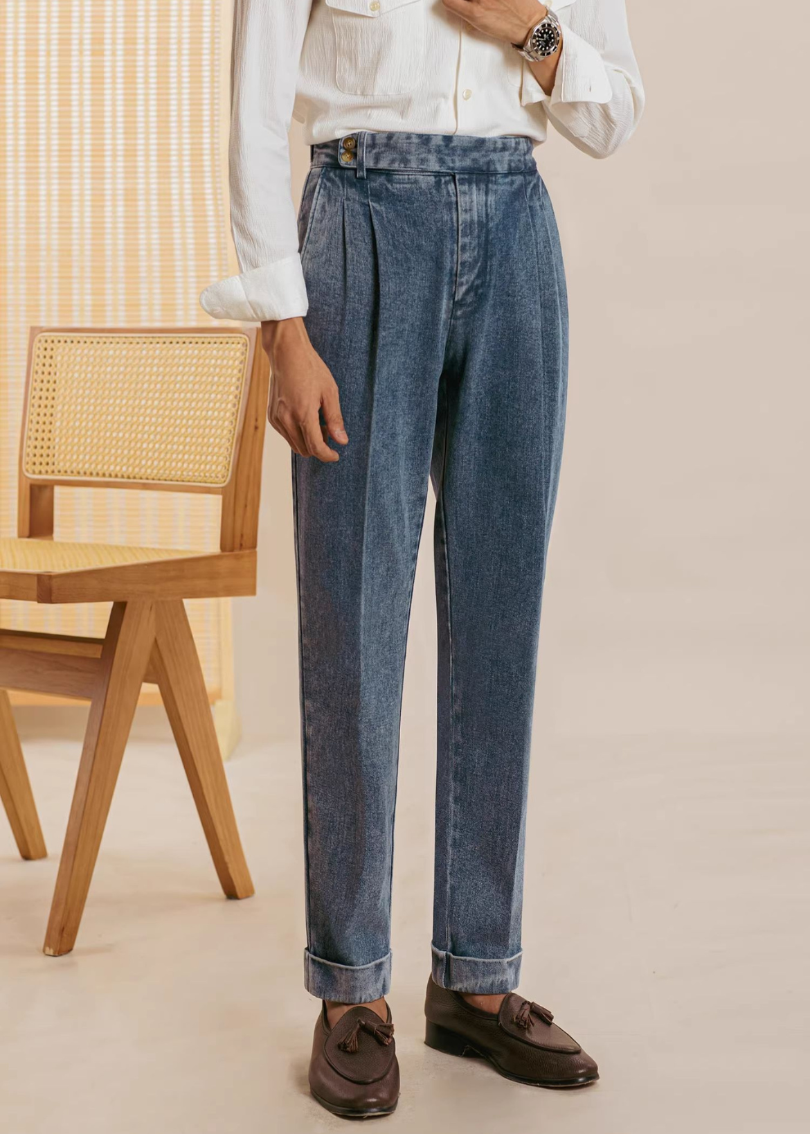 Double pleat washed straight Jeans