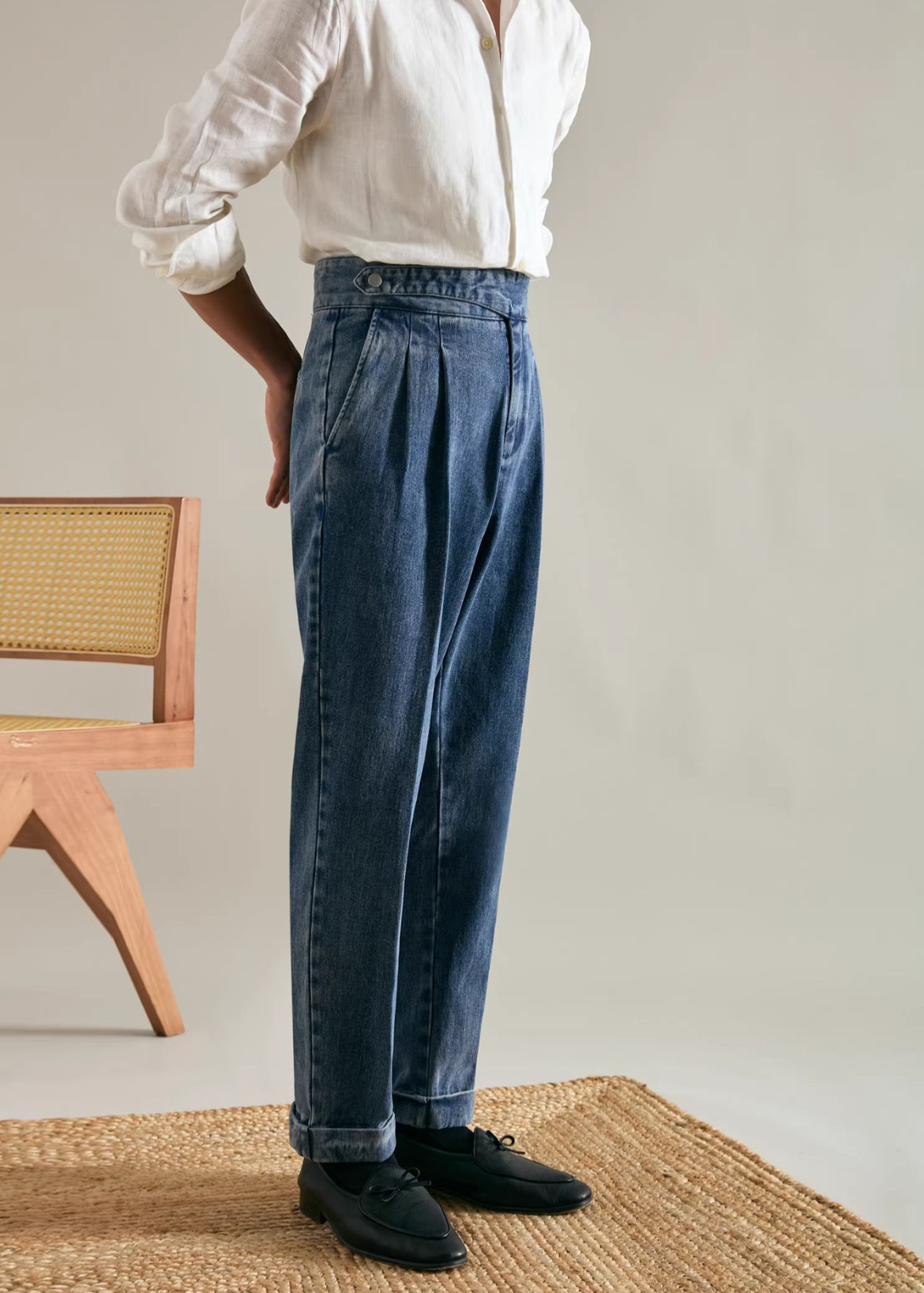 Double pleat high waist washed Jeans