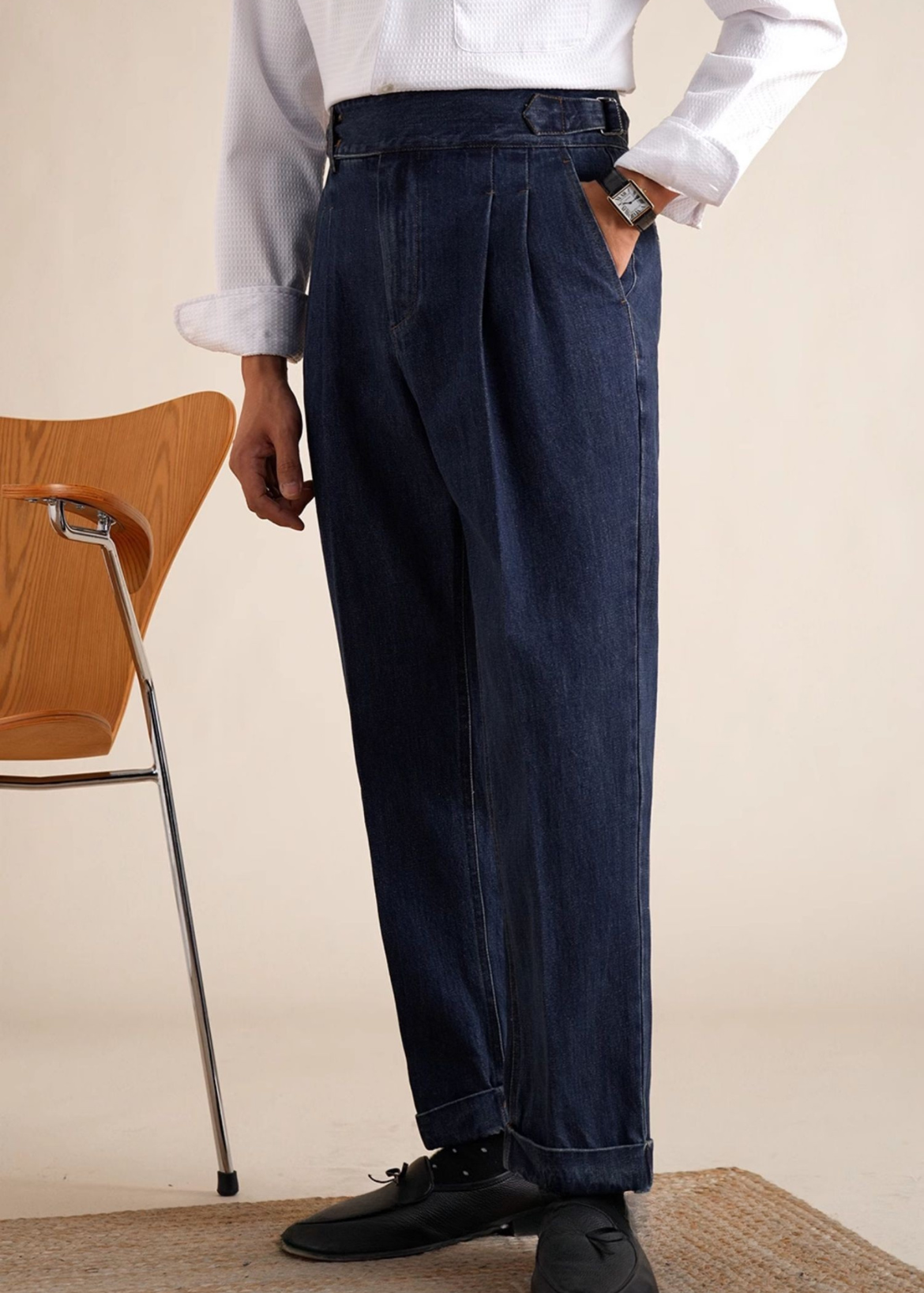 Double pleat high waist washed jeans