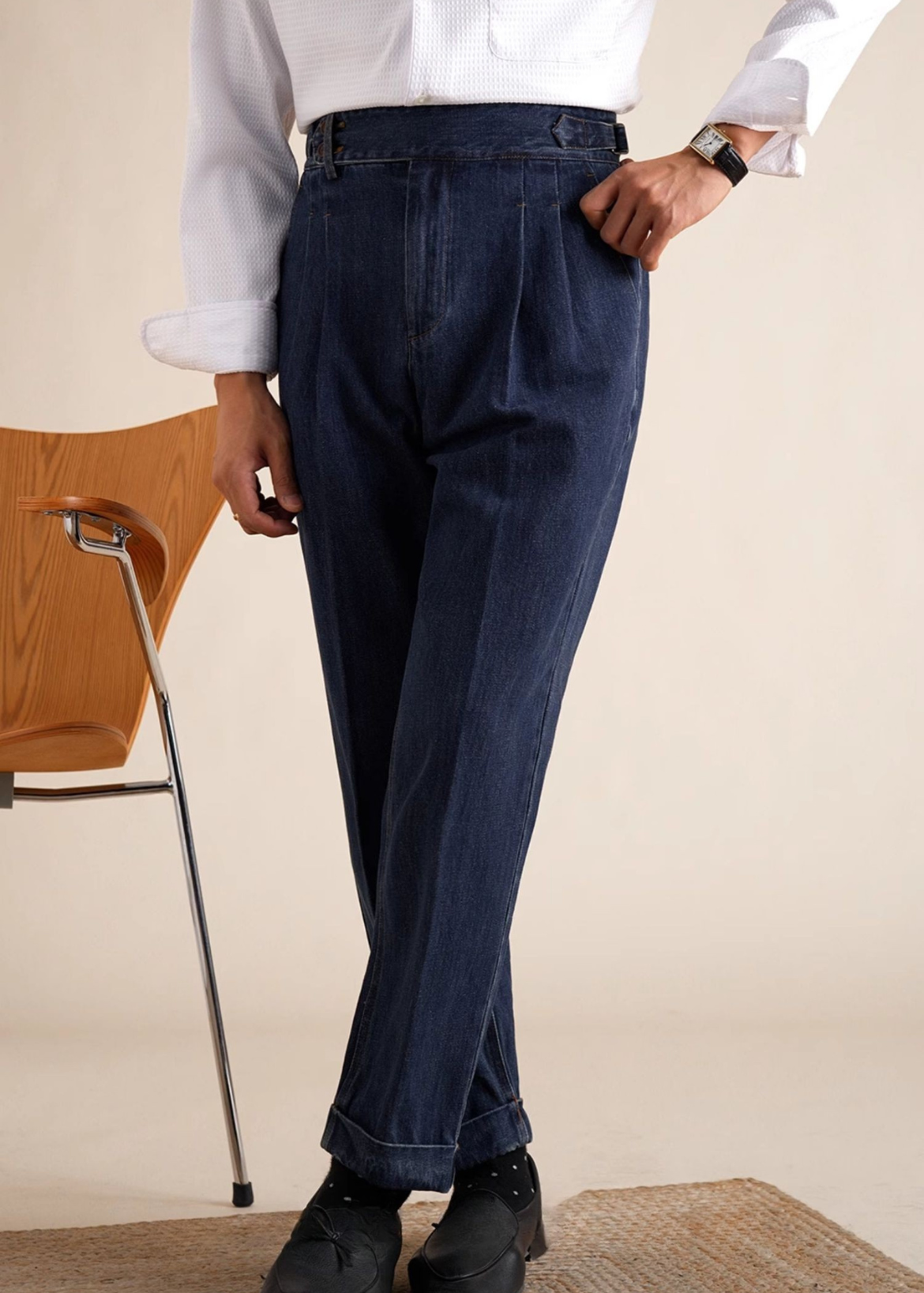 Double pleat high waist washed jeans