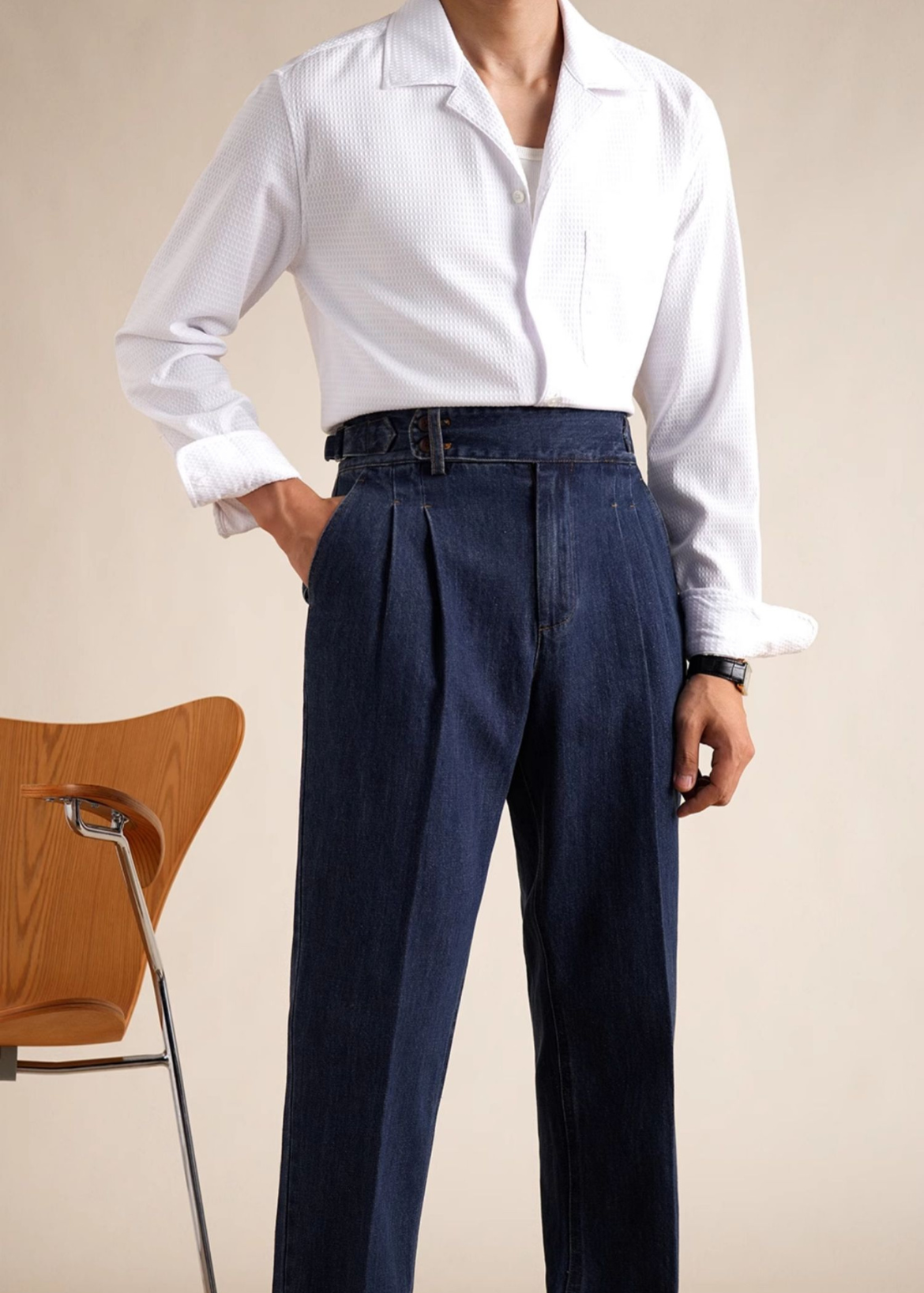 Double pleat high waist washed jeans