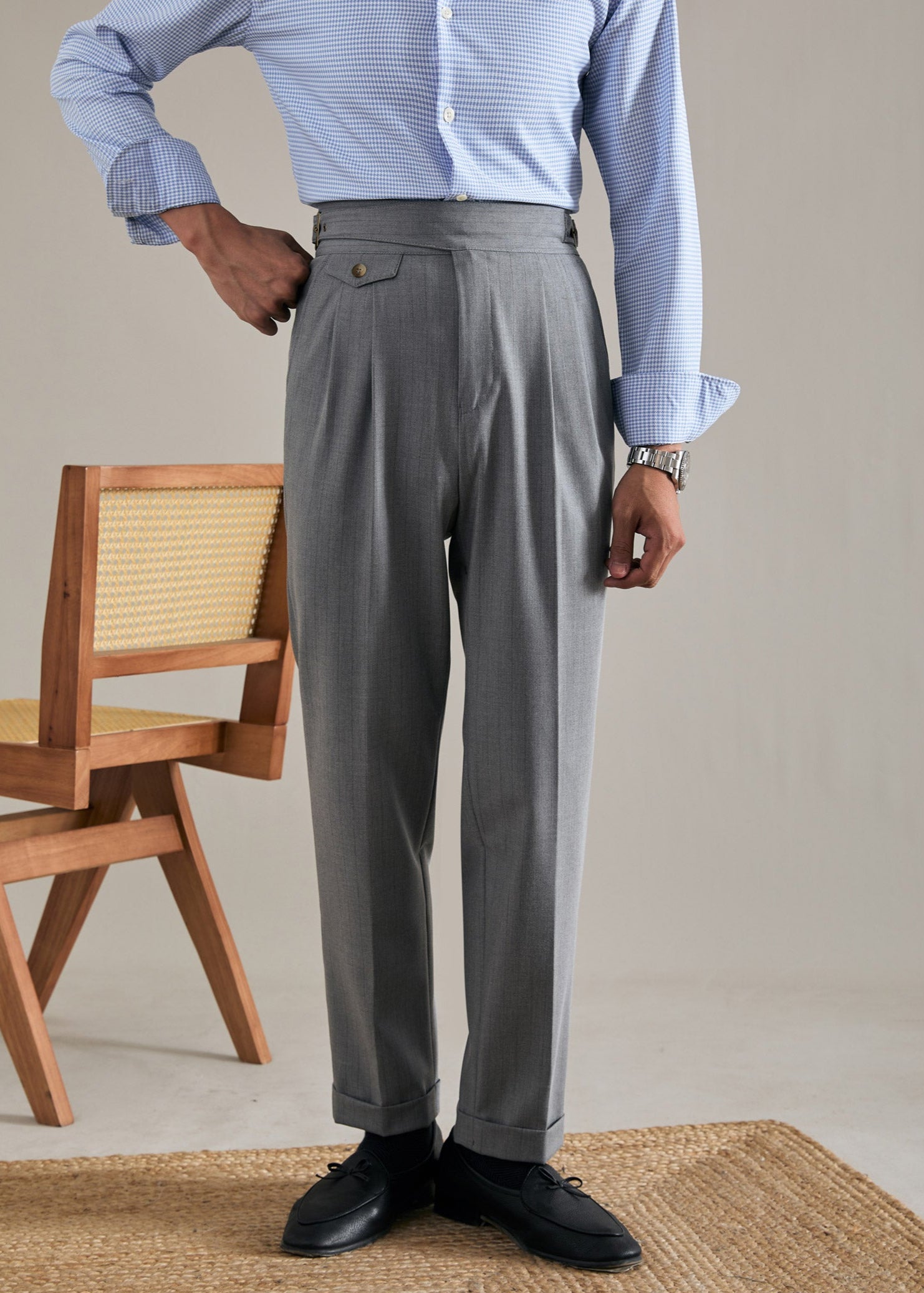 Striped Straight Double Pleated  Trousers