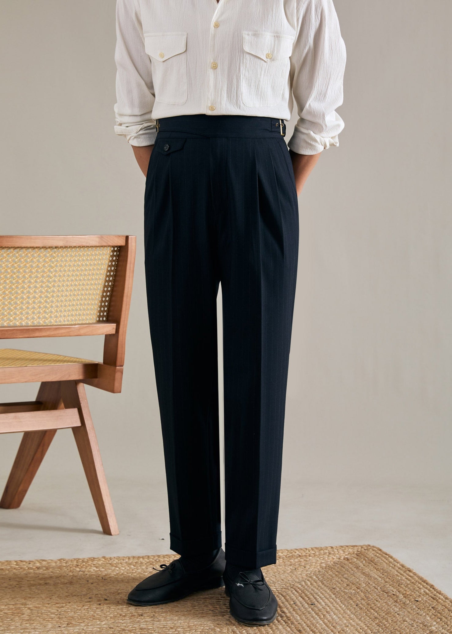 Striped Straight Double Pleated Trousers