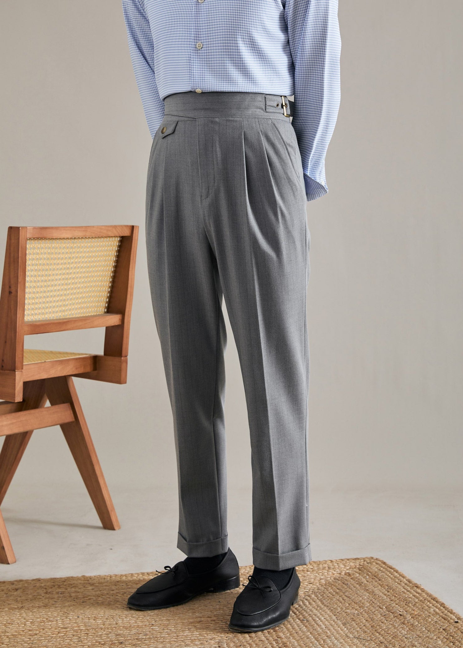 Striped Straight Double Pleated  Trousers