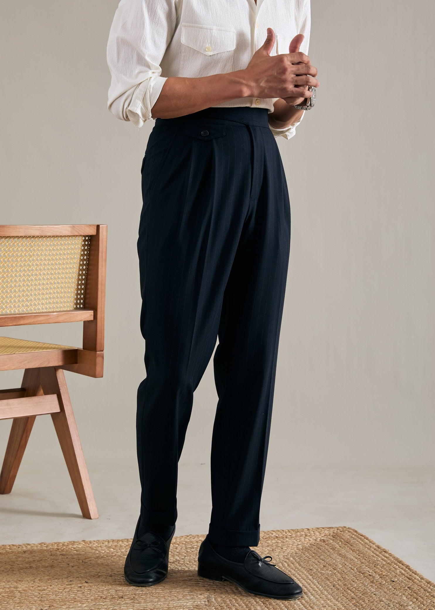 Striped Straight Double Pleated  Trousers