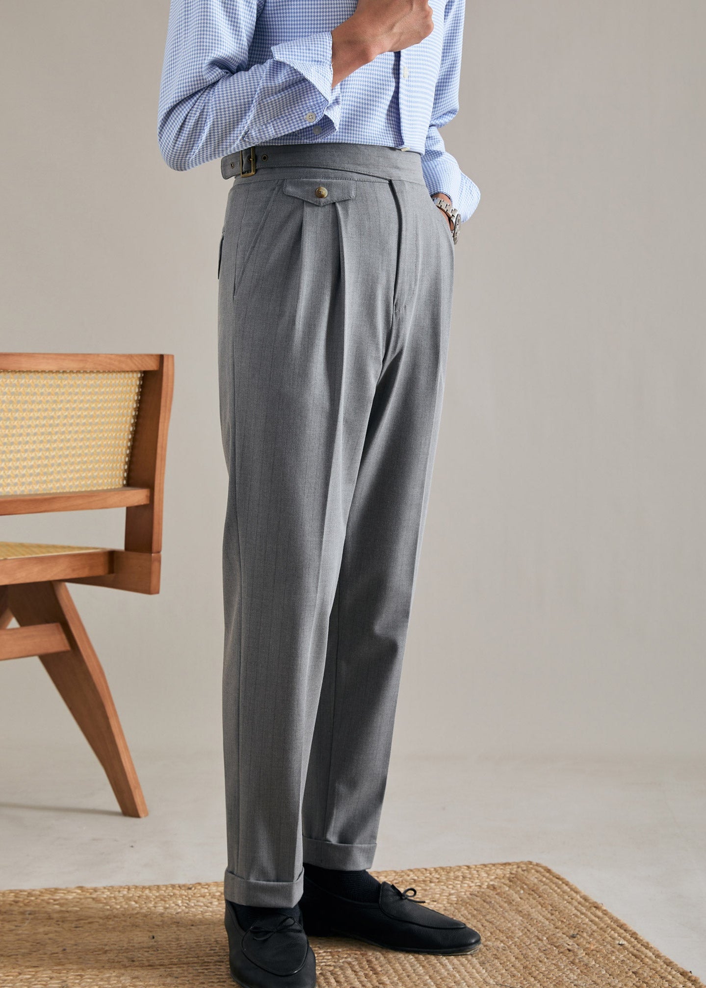 Striped Straight Double Pleated  Trousers