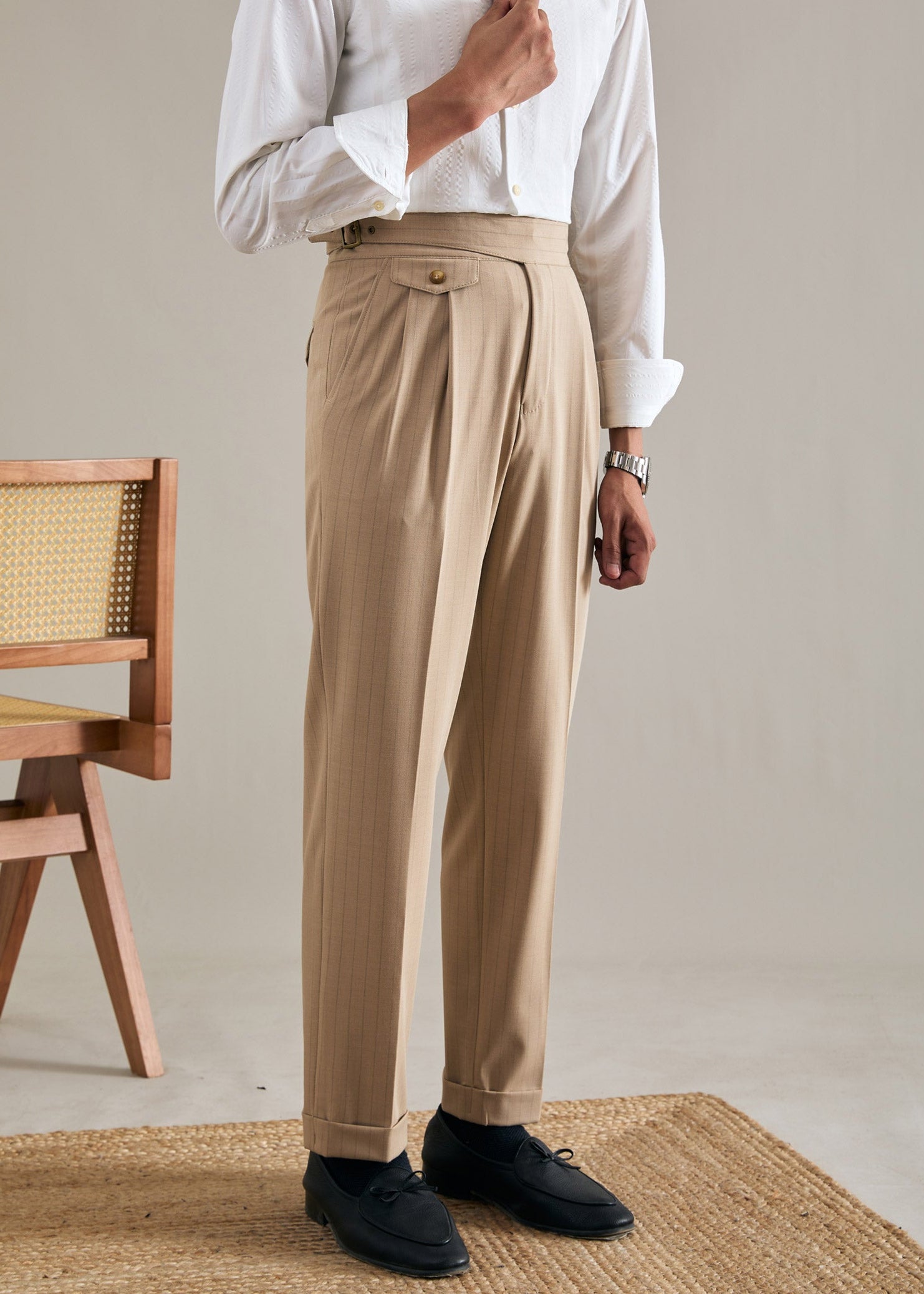 Striped Straight Double Pleated  Trousers