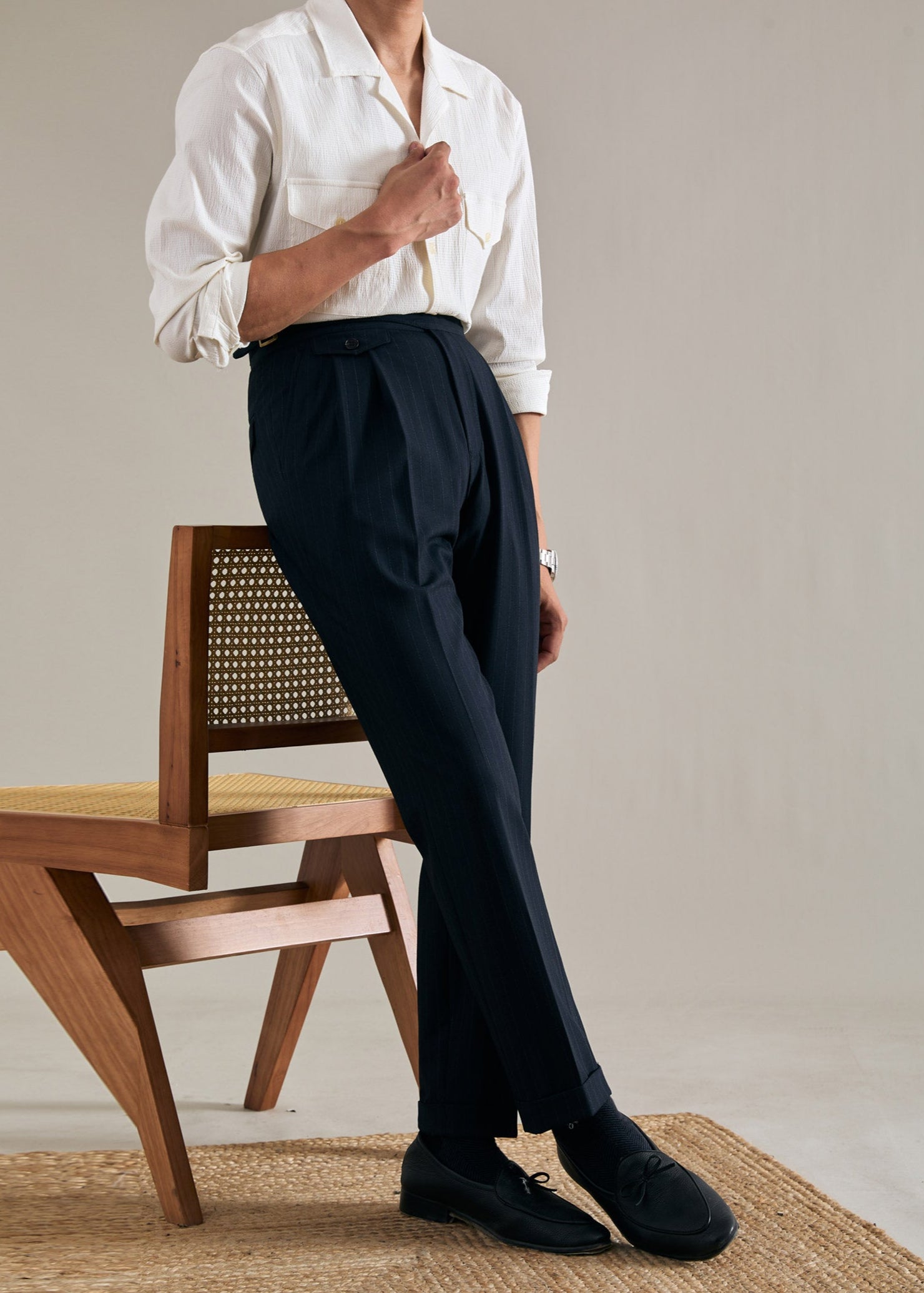 Striped Straight Double Pleated  Trousers