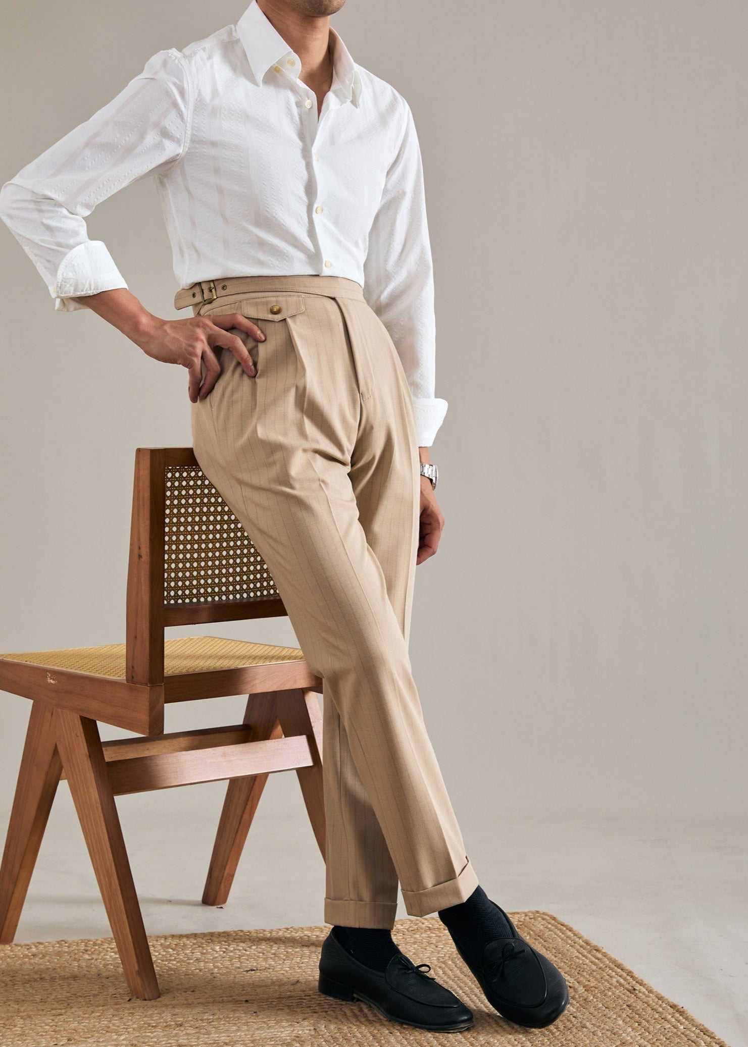 Striped Straight Double Pleated  Trousers