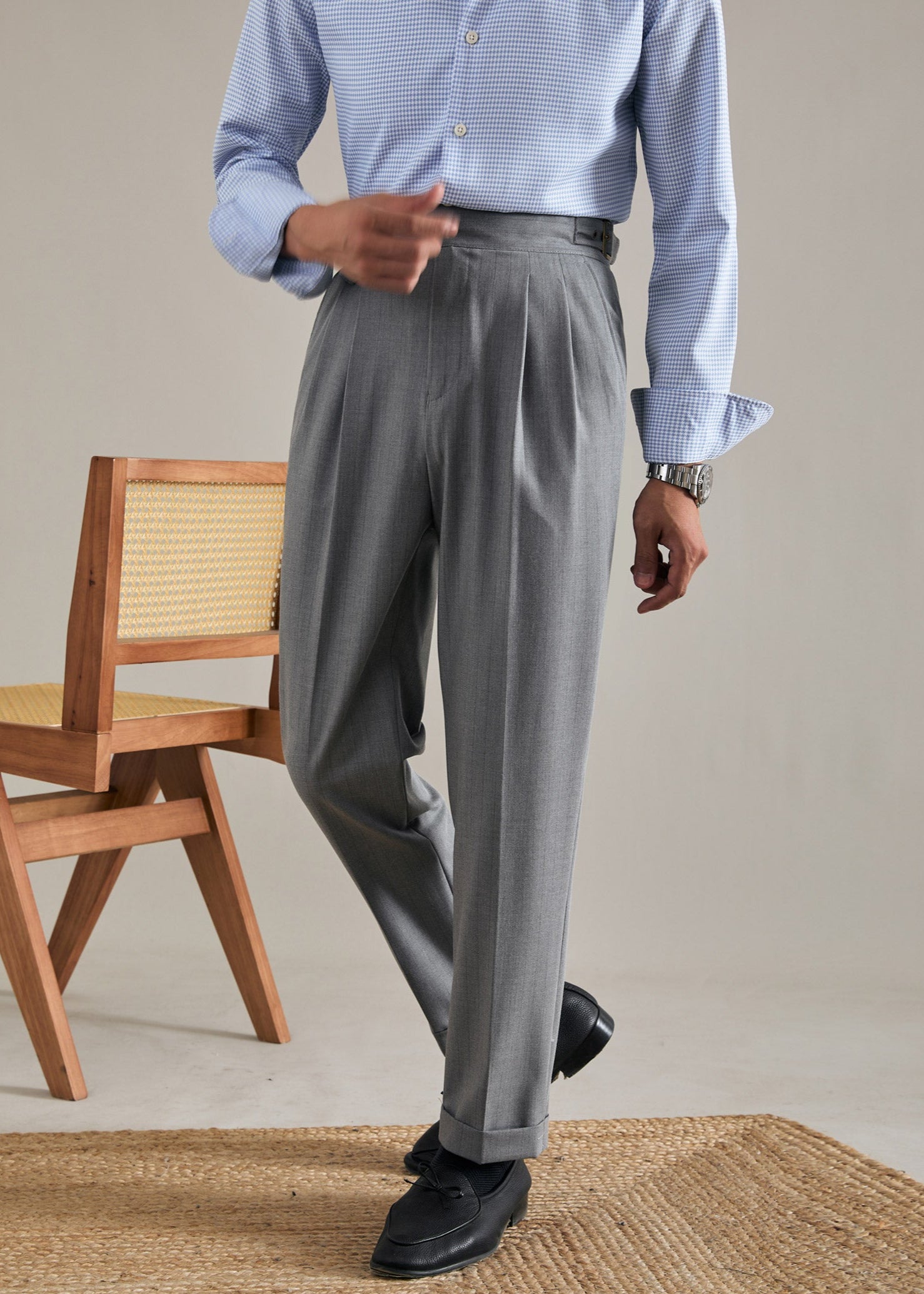 Striped Straight Double Pleated  Trousers