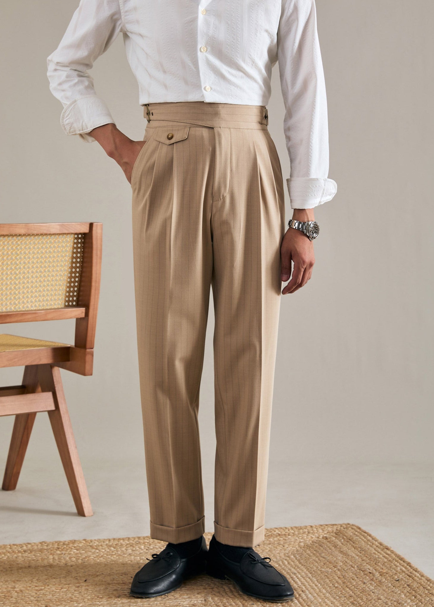 Striped Straight Double Pleated  Trousers