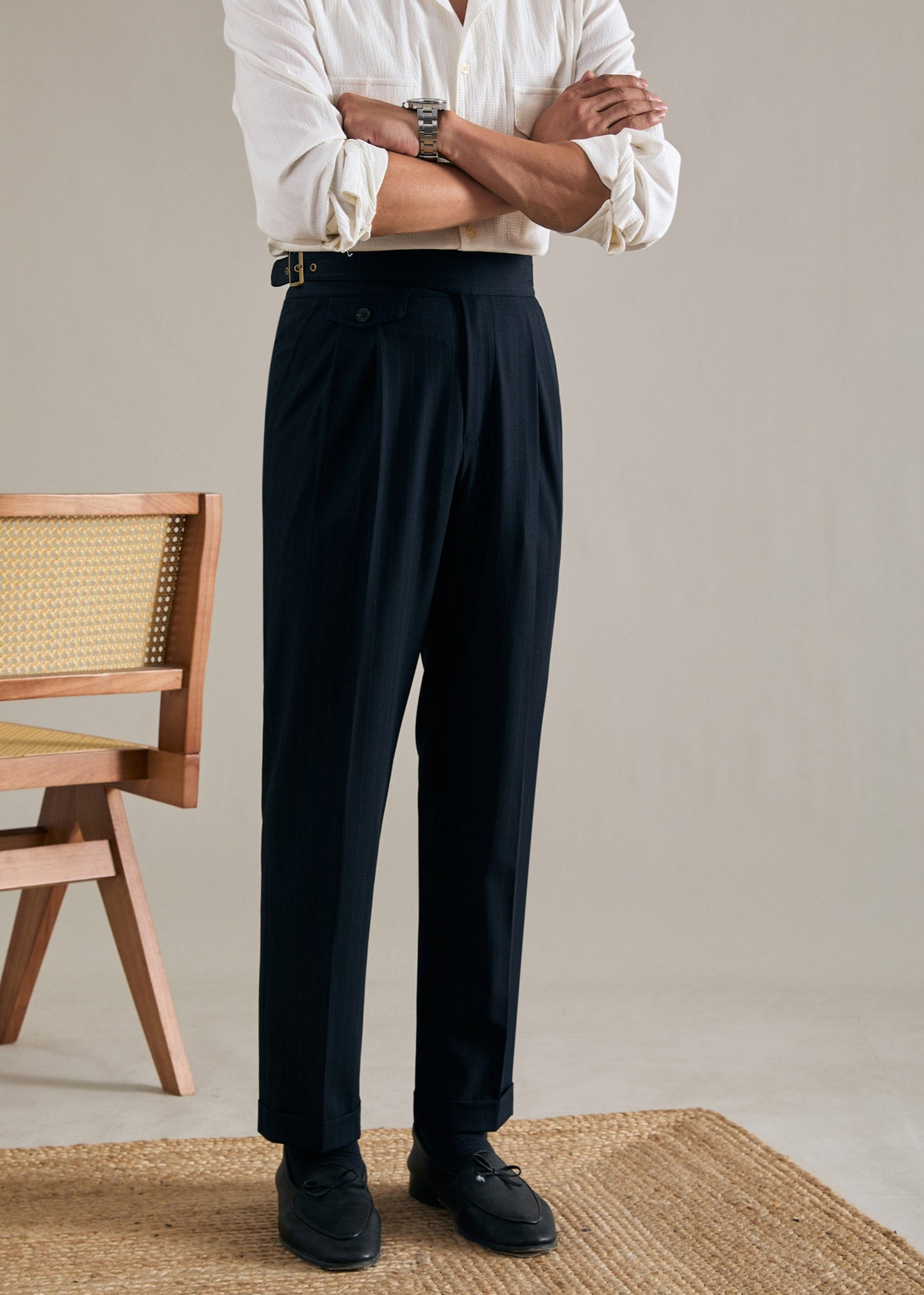 Striped Straight Double Pleated  Trousers