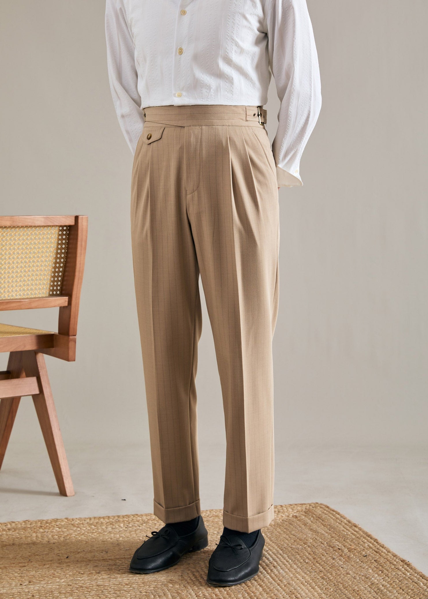 Striped Straight Double Pleated  Trousers